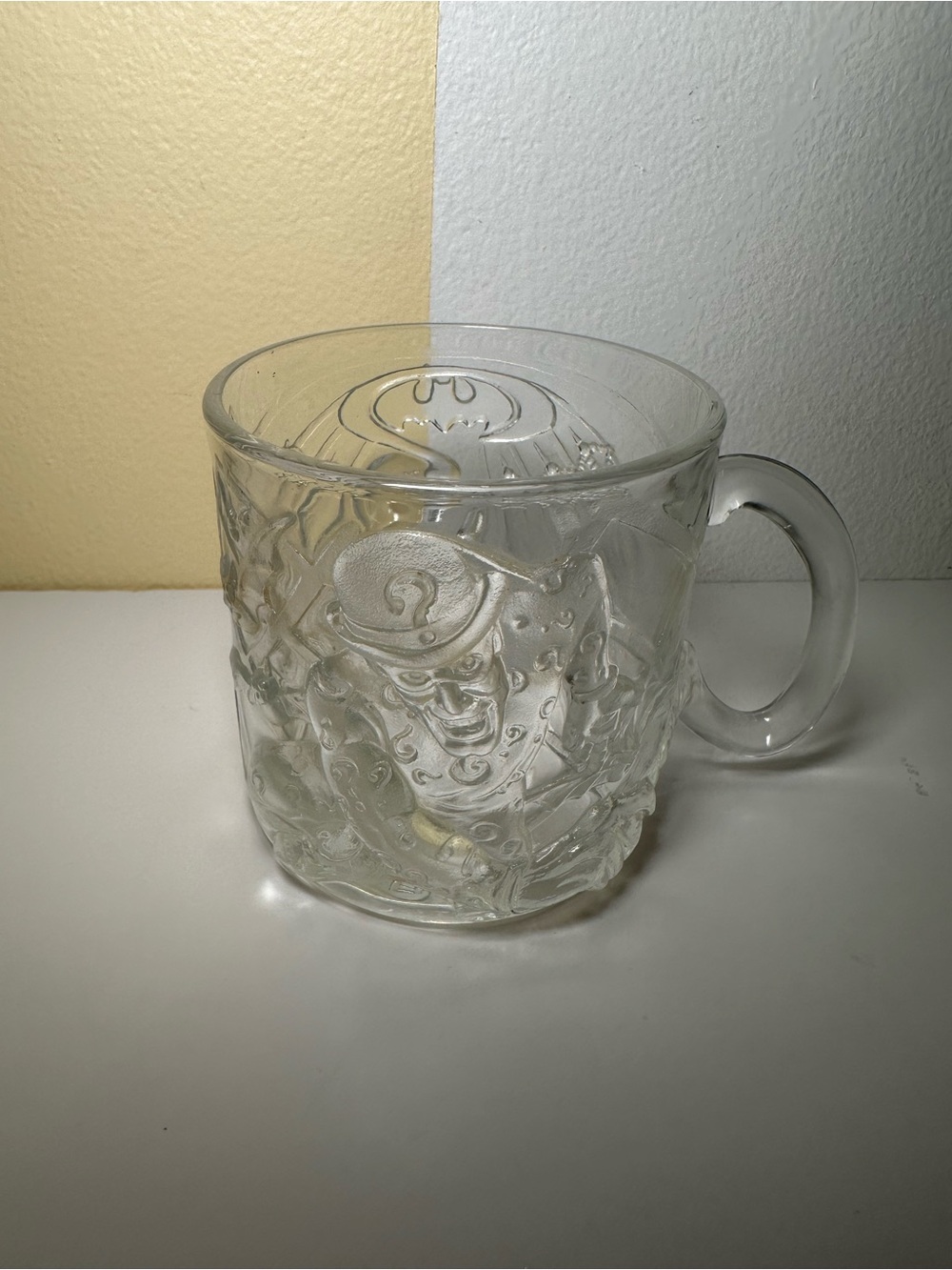 McDonald's DC Batman Forever Movie The Riddler Glass Cup Mug Embossed Vintage